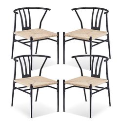 VINGLI 4-pcs Black Metal Wishbone Chairs with Handwoven Rattan Seat Mid-Century Modern Chairs for Kitchen Dining Room Living Room Office