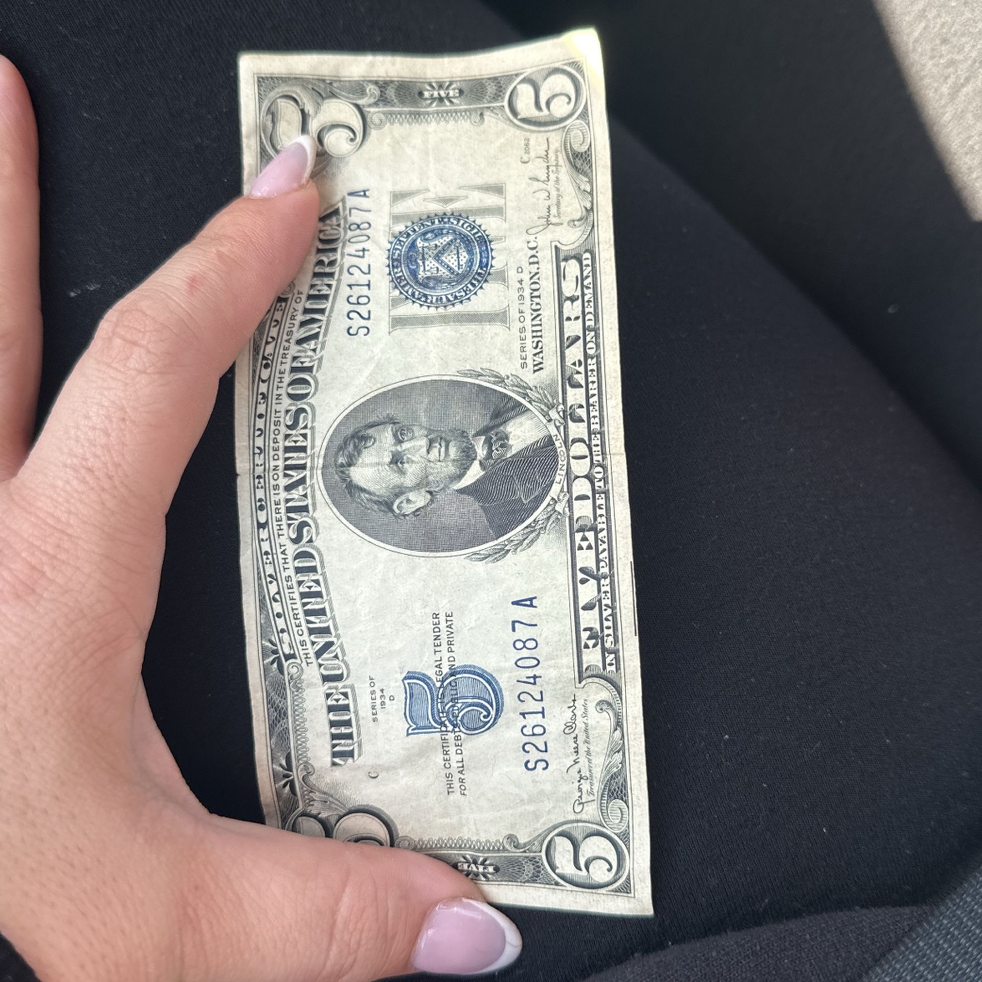 Five Dollar Blue Seal Silver Certificates 1934 D No Motto On Back Good Condition