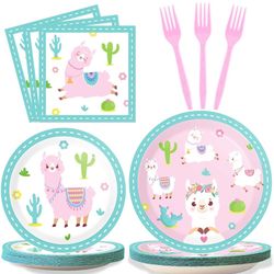 ZOIIWA 96 Pcs Llama Birthday Party Supplies for 24 Guests Alpaca Llama Birthday Plates Napkins Tableware Party Decorations Mexican Cactus Dinnerware F