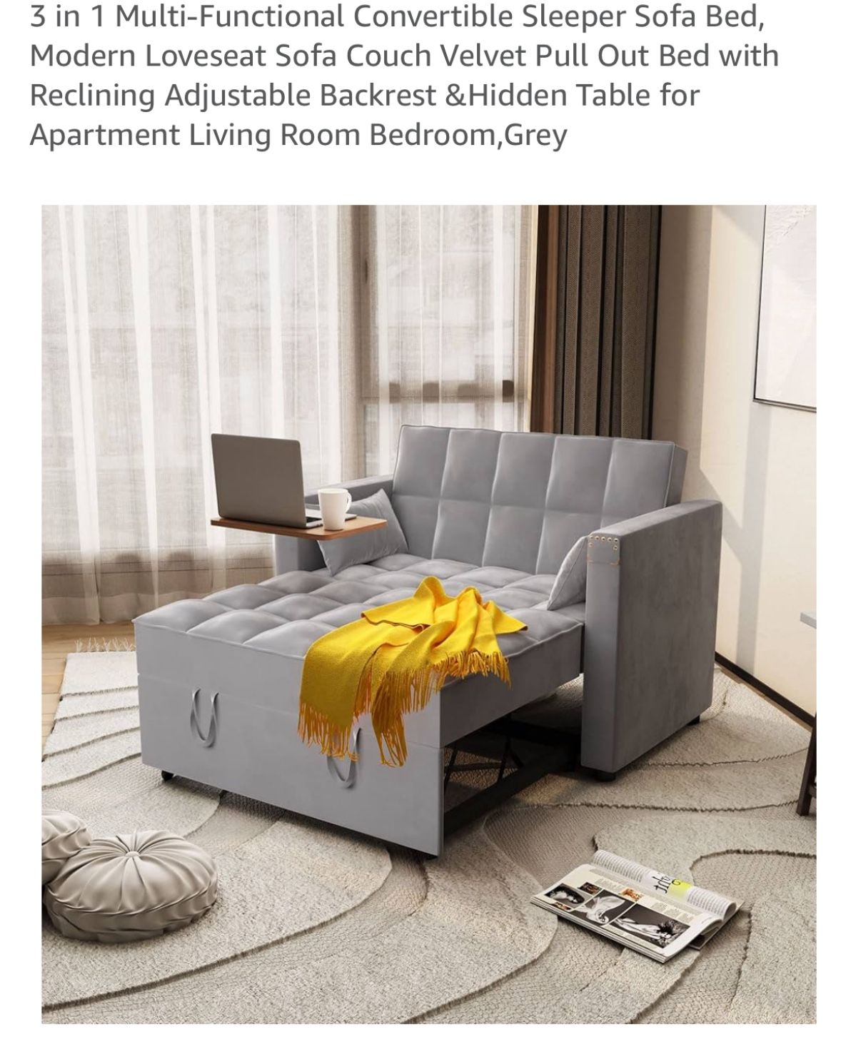 3 in 1 Multi-Functional Convertible Sleeper Sofa Bed, Modern Loveseat Sofa Couch Velvet Pull Out Bed with Reclining Adjustable Backrest &Hidden Table