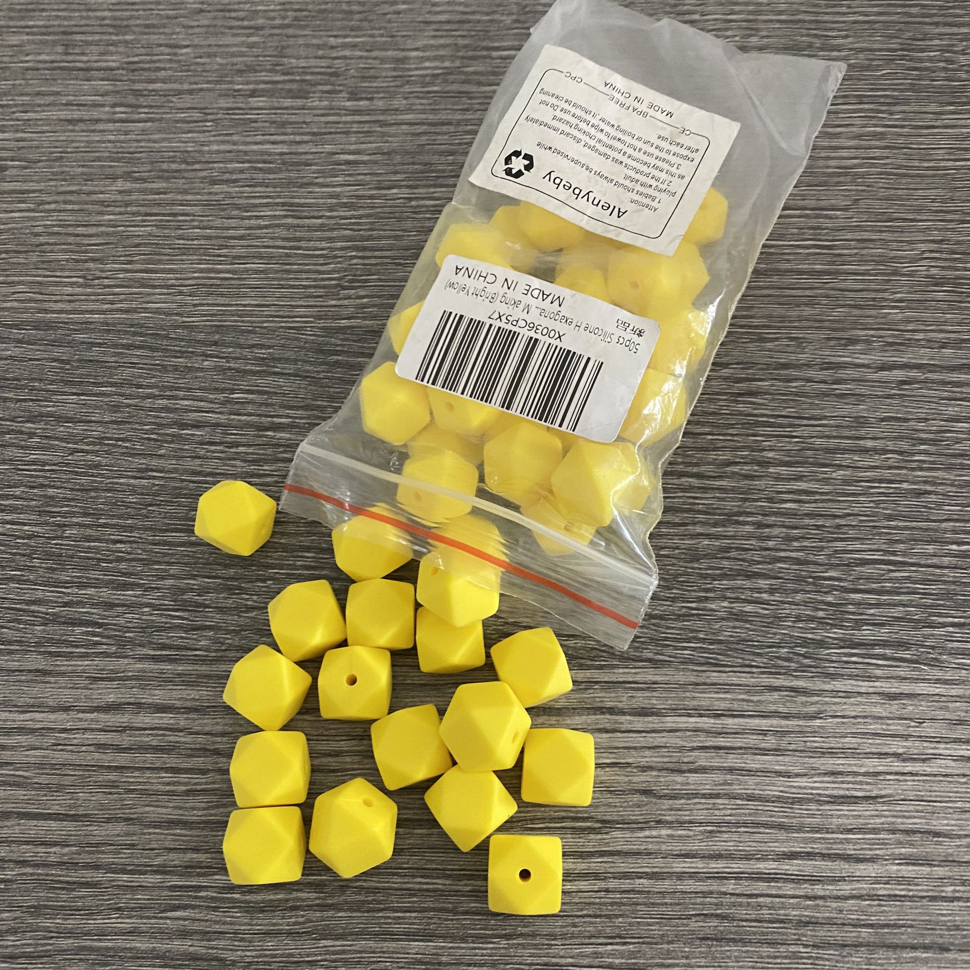 Silicone Beads 14mm hexagonal bright yellow 50 pcs