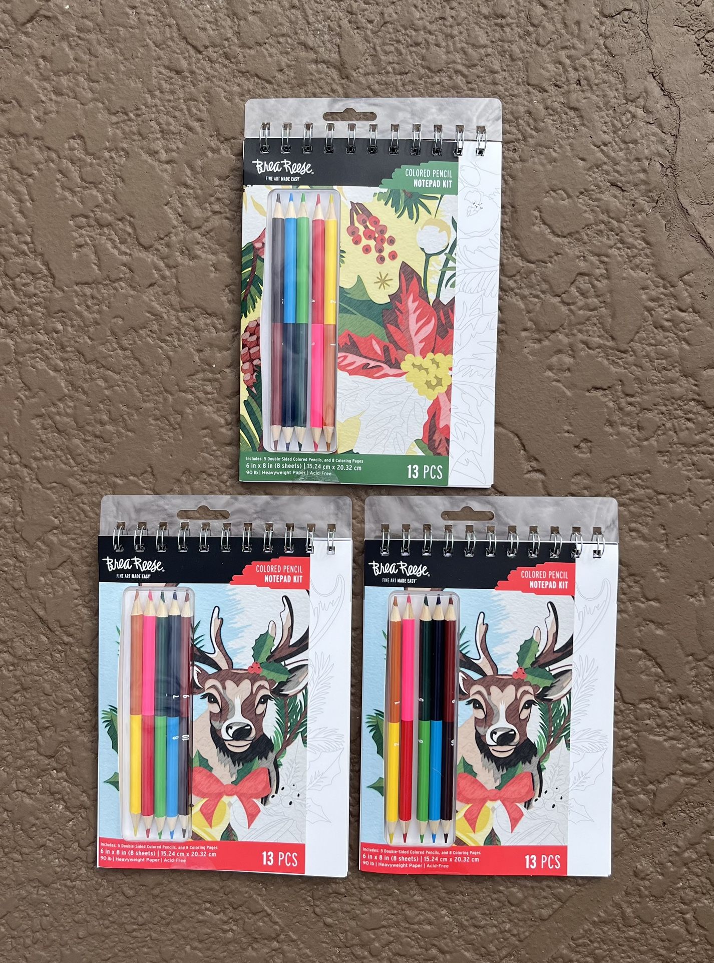 3 Brand new Brea Reese Christmas Colored Pencil Notepad Kits, holiday coloring book