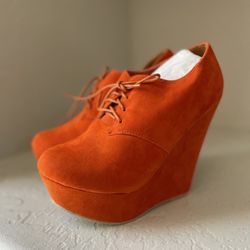 Women’s Orange Suede Heels With Laces High Wedges