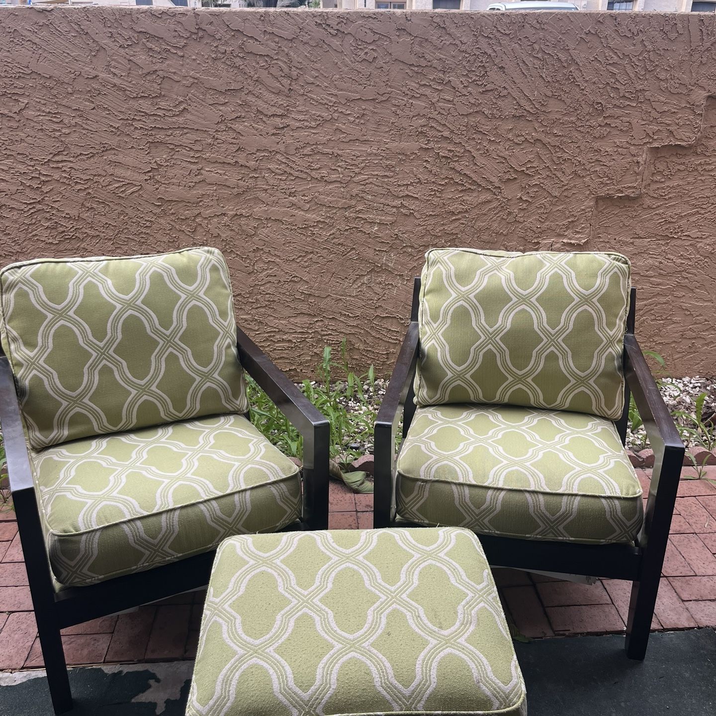 Light Green Patterned Patio Chairs + Ottoman 