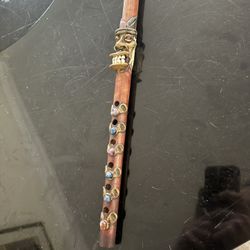 primitive native Bamboo Totem 15" Flute with totem face/real teeth semi-precious