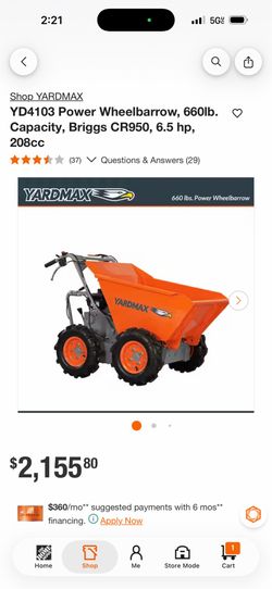 YARDMAX YD4103 Power Wheelbarrow, 660lb. Capacity, Briggs CR950, 6.5 hp, 208cc