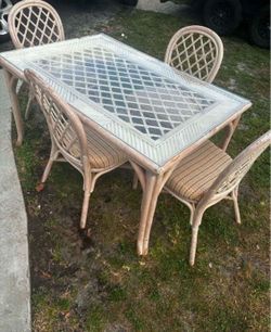 Vintage Rattan Table Set With 4 Chairs & Glass Top
