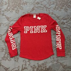 Victoria's Secret PINK Thermal Waffle Knit Long Sleeve Shirt Red White Large