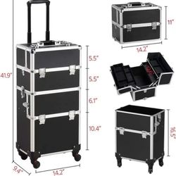 3 in 1 Makeup Case Aluminum Cosmetic Case Rolling Train Case Professional Makeup Train Case Large Capacity Trolley Makeup Travel Case Beauty Storage w