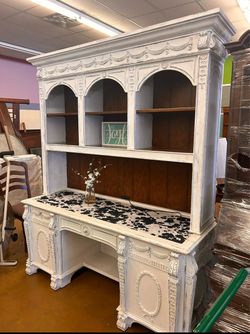 White Painted Desk with Hutch Bookcase with cow print felt desk top