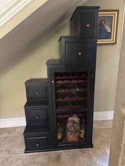 Black Wood Staircase Wine Cabinet with Drawers