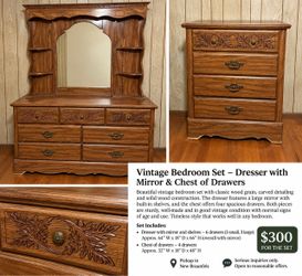 Vintage Wood Bedroom Set – Dresser w/ Mirror & Chest of Drawers