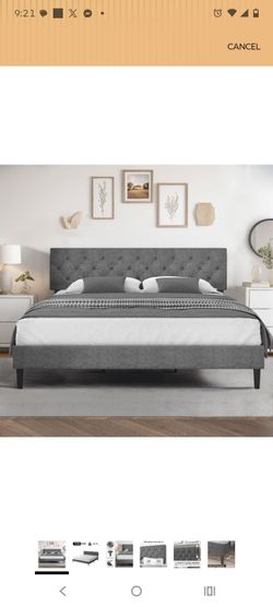 Gray Upholstered Platform Bed Frame with Tufted Headboard