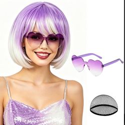 Purple White Ombré Bob Wig with Bangs + Heart Sunglasses Cosplay Costume NWOT