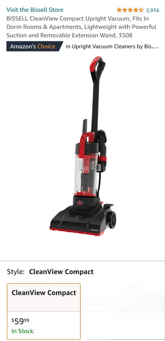 BISSELL CleanView cheapest Compact Upright Vacuum, Fits In Dorm Rooms & Apartments,