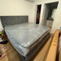 New KING BED SET FREE DELIVERY DIAMOND BED FRAME WITH MATTRESS AND BOXSPRING SET VELVET GRAY OR WHITE 