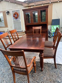 Wood Dining Table Set with Hutch and Chairs