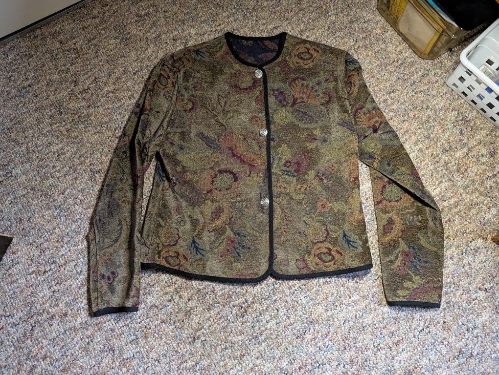 Vintage 90s Khanguru Green Floral Tapestry Classic Blazer Jacket Size XS