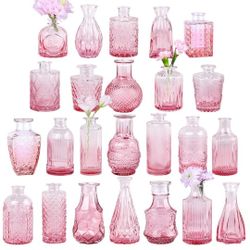 Pink Glass Bud Vase Set of 24, Small Flower Vases for Centerpieces in Bulk, Mini Vintage Vase for Wedding Decor, and Home Table Décor