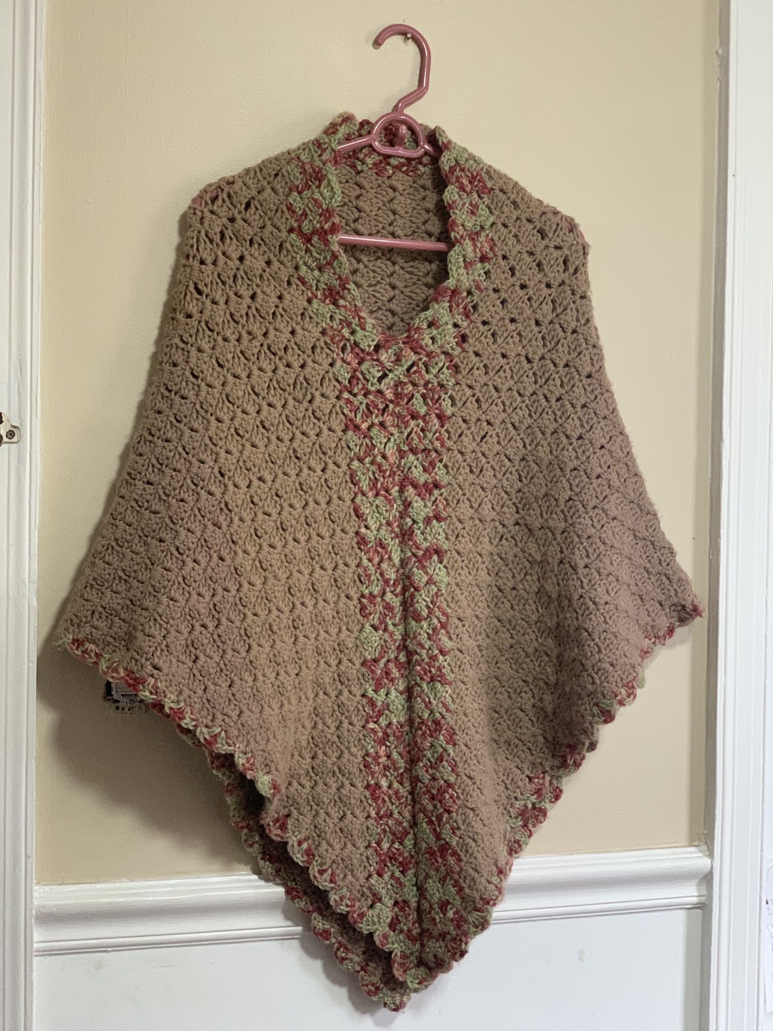 Vintage Handmade Crochet Poncho – Brown with Green & Rose Accents, 35” Length