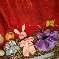 Three (3) 8"-10" Doll Costumes. Bunny, Apple Farmer, Butterfly. New. 