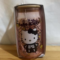 Silver Buffalo Sanrio Hello Kitty Halloween Spooky Skeleton Costume Pink Lavender Glass Jar Tumbler with Bamboo Lid and Glass Straw, 16 Ounces Brand N