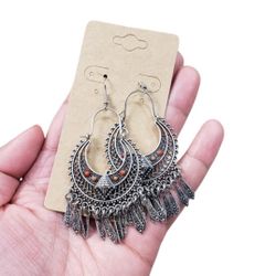 Silver Toned Red Tan Accent Drop Earrings