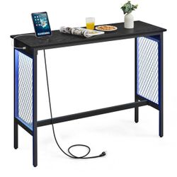 Bar Table with Power Outlets, 47.2 Inches LED Lights Narrow Tall Pub Table, Counter Height Console Desk, Mesh Panels and Metal Frame, for 