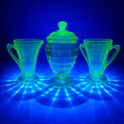 Uranium Glass Vintage Anchor Hocking Block Optic Candy Dish, Creamer and Sugar Bowl Set