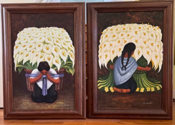 Large Framed Hand Painted Canvas Art, Inspired by Diego Rivera, Matching Pair, 43.5” × 31.5”