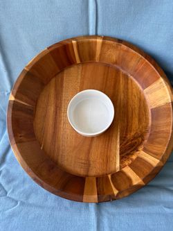 Acacia wood and ceramic chip and dip set