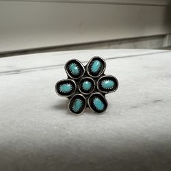 Vintage Sterling Silver Turquoise Petite Point Flower Ring Size 7.25
