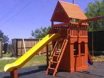 Fort with playhouse, cafe table and wood roof