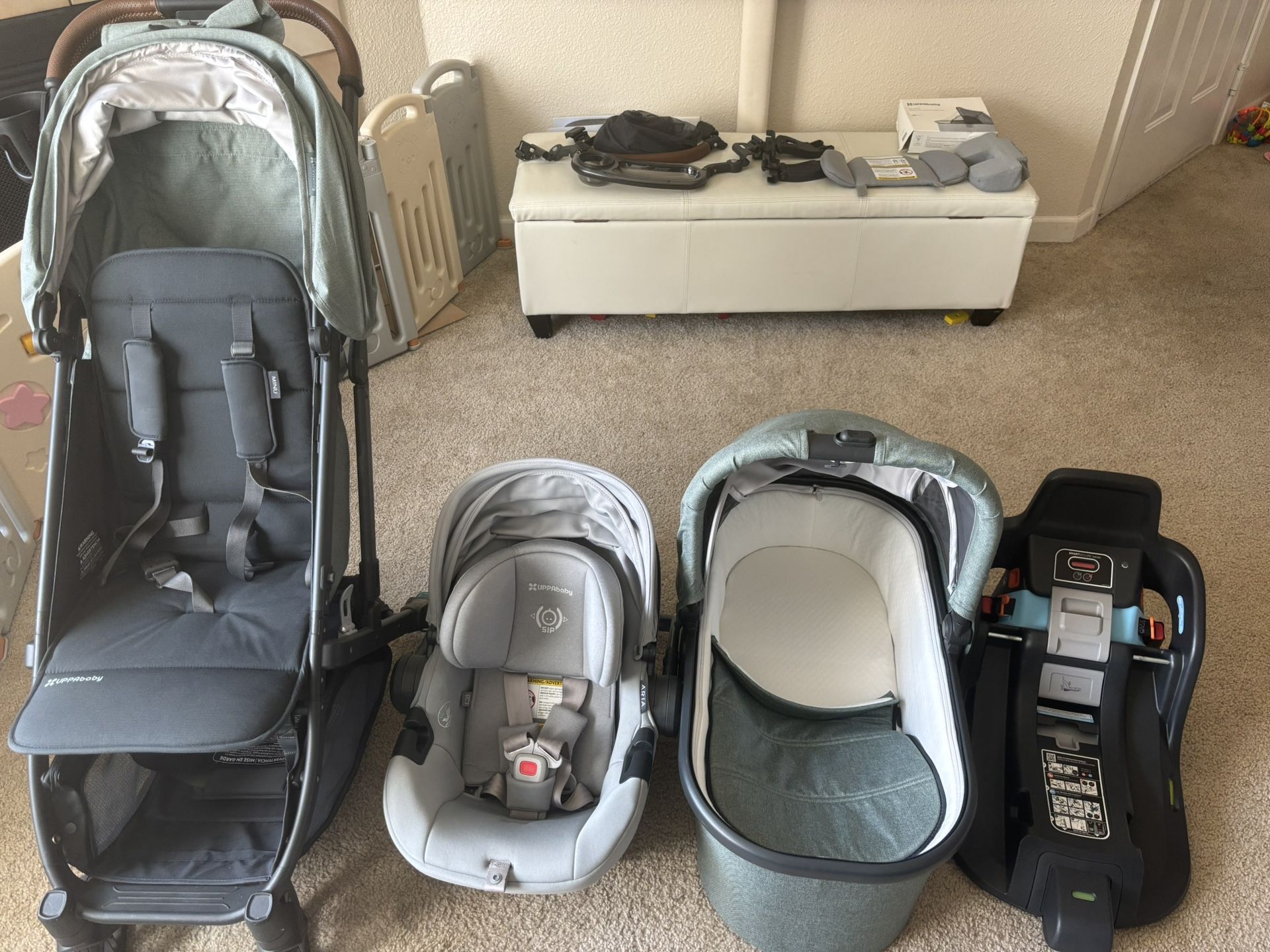 Bundle UPPAbaby Aria Lightweight Infant Car Seat And Base With Mini V2 Stroller And Bassinet