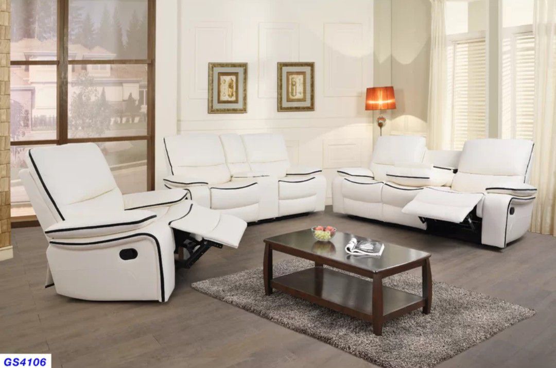 New white Bonded Leather reclining set 3pc