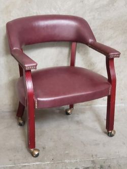 Vintage Burgundy Oxblood Vinyl Desk Arm Chair Nailhead Wood Legs Casters MCM