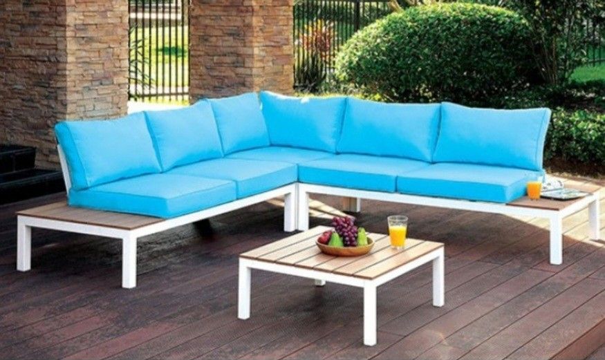 Brand New White, Oak & Blue Outdoor Patio Sectional w Table