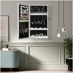 Lockable Jewelry Cabinet Armoire with Mirror, Wall-Mounted Space Saving Jewelry Storage Organizer, White