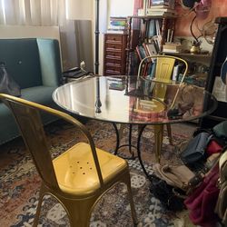 Glass round table with 2 gold chairs
