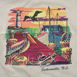 Vintage Coastal Scene in Jacksonville, North Carolina light house fishing boat Pelican Large