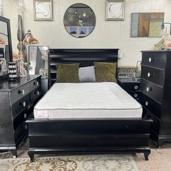 Full size bed frame with dresser mirror, chest drawer, nightstand