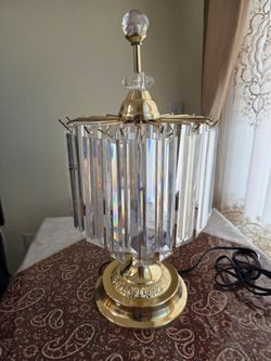 Vintage Hollywood Regency Crystal Prism Waterfall Table Lamp - Gold Brass