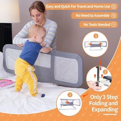 Bed Rail For Toddlers, Extra Long 41.3'' Baby Bed Rail Guard For Kids, 180° Up Side Down Foldable Portable Bed Fence, Infants Bed Guardrail For Travel
