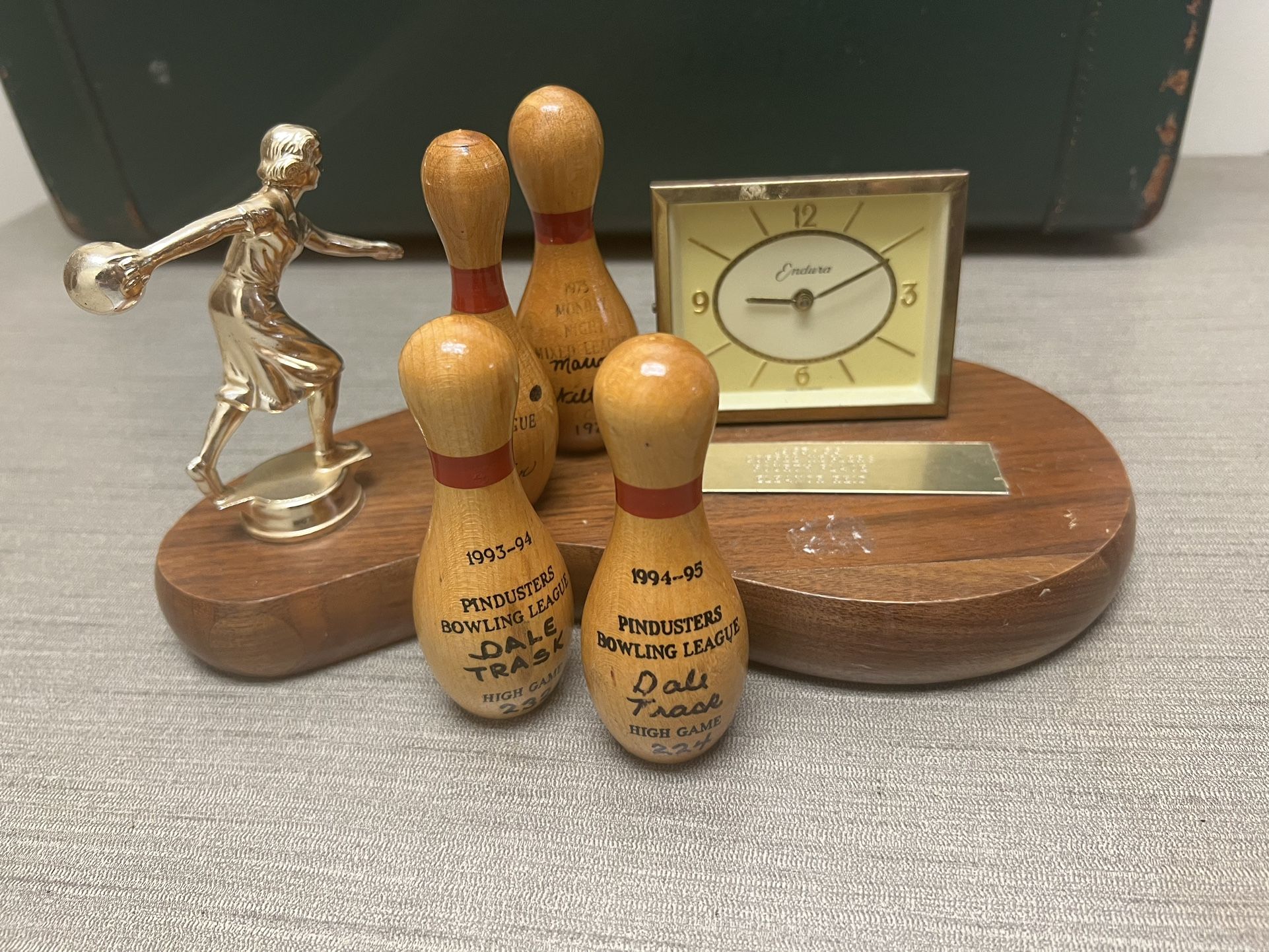 Vintage Women’s bowling Trophy endura clock and mini wooden pins