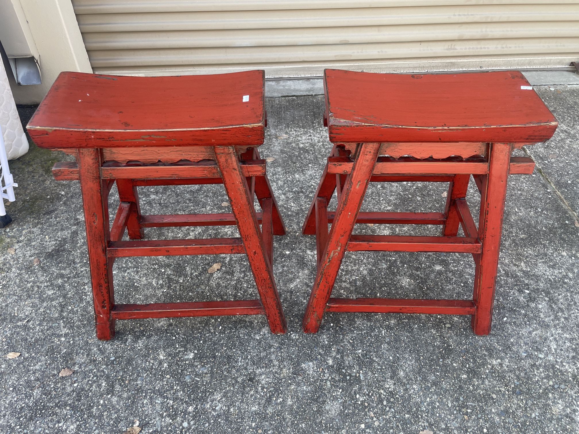2 Pagoda Style Asian Red Stools - Vintage - Very Unique and Rare Antiques