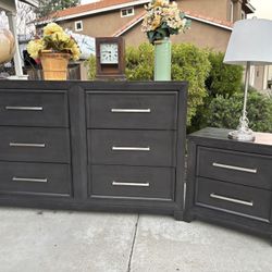 Gray Modern High End Solid Wood Dresser Chest of Drawers and Nightstand Furniture Set Great Condition 