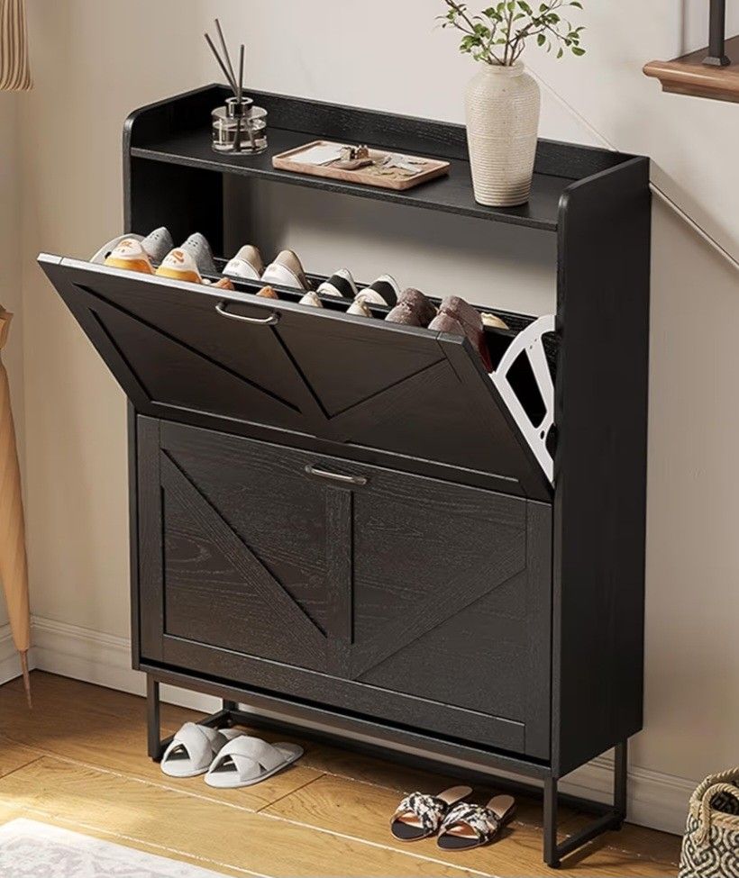 Shoe Cabinet Storage with 2 Flip Drawers, Freestanding Shoe Organier Cabinet with Metal Legs, Farmhouse Narrow Shoe Stroage Cabinet Hidden for Entrywa