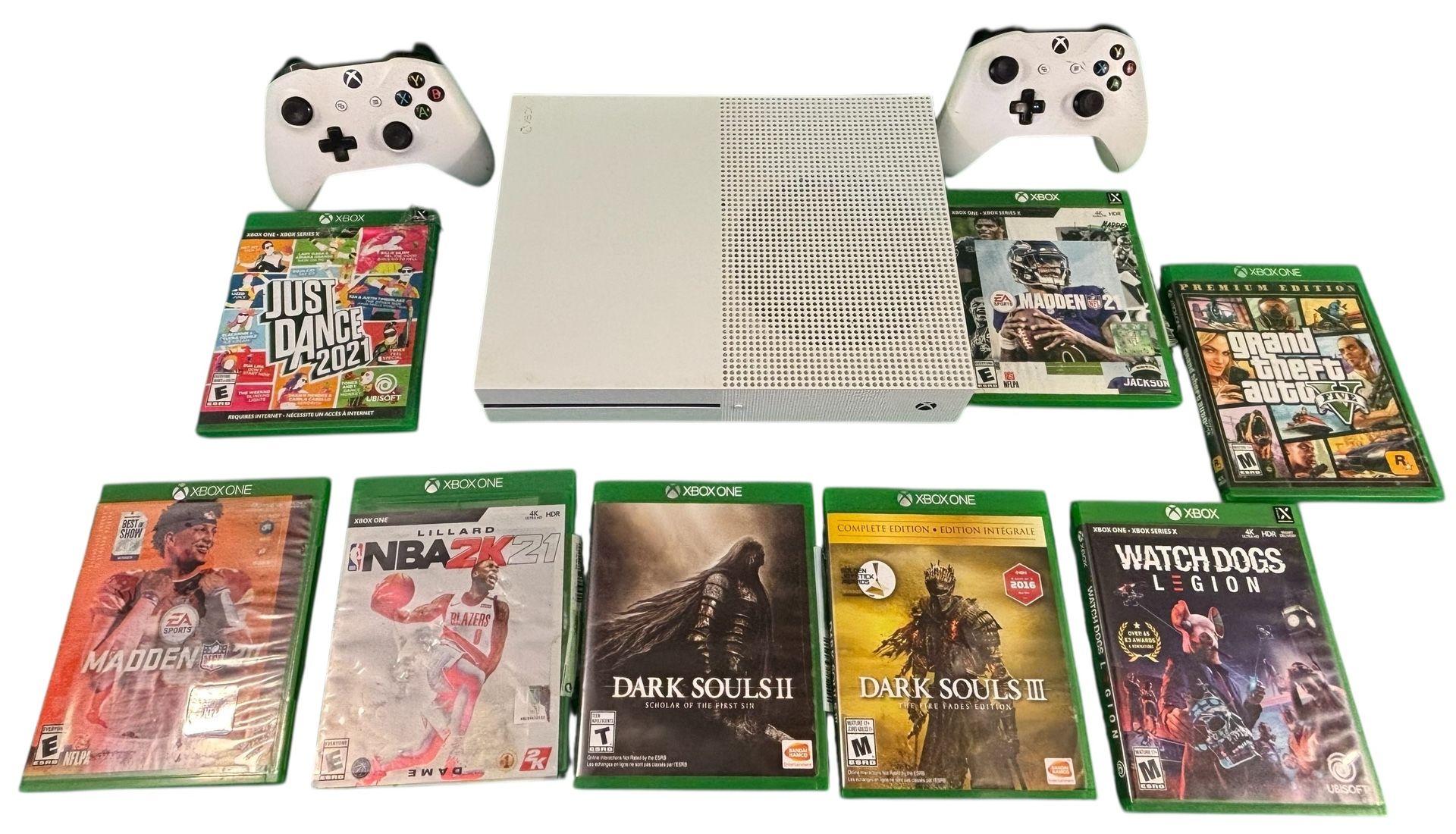 Xbox One Series S 500gb Bundle - 8 Games - 2 Controllers - Dark Souls 2 & 3 - GTA 5