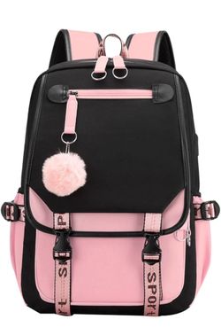 JiaYou Teenage Girls' Backpack Middle School Students Bookbag Outdoor Daypack with USB Charge Port (21 Liters, Black Pink)
