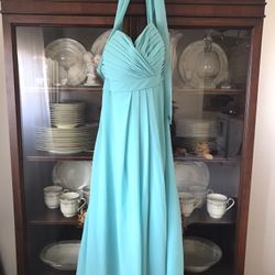 Bill Levkoff Aqua Chiffon Knee Length Halter Style Bridesmaid/Wedding/Prom/Formal Dress - Bridal Size 12